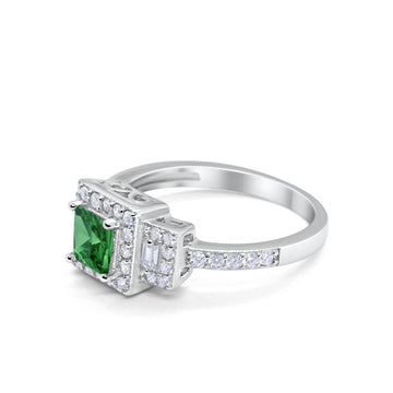 Halo Wedding Engagement Ring Round Baguette Simulated Green Emerald CZ 925 Sterling Silver